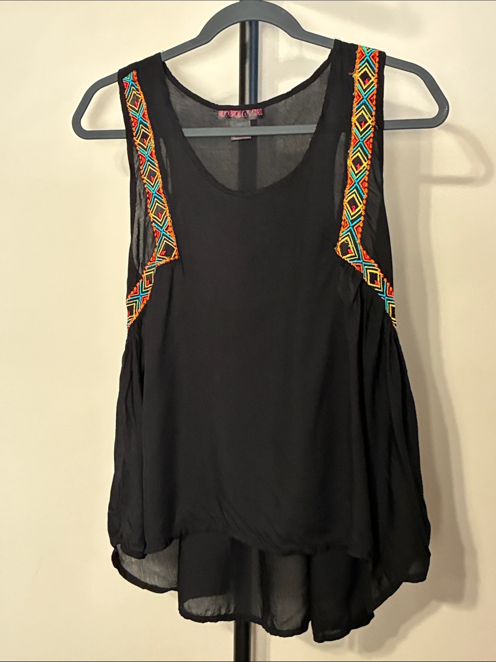 Rock & Roll Cowgirl Black Tank with Multicolor Embroidered Trim Medium